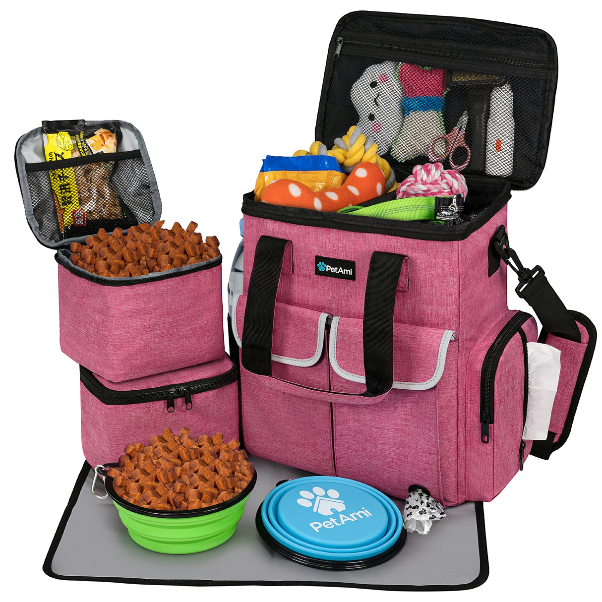 PetAmi Dog Travel Bag Pet Supplies Accessories Organizer for Traveling, Camping, Weekend; Cat Pet Travel Bag Kit Includes 2 Food Storage Containers, 2 Collapsible Bowls, 1 Feeding Mat (Pink)