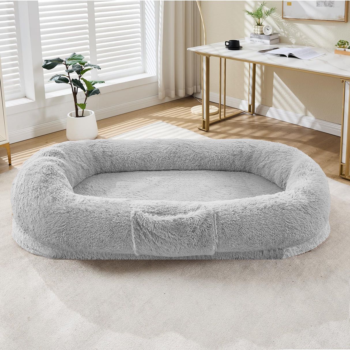 Human Dog Bed for Adult, 64.9" x 41.3" Large Giant Orthopedic Memory Foam Nap Bed for People Pets, Washable Faux Fur Cover with Side Pocket Waterproof for Anxiety Relief