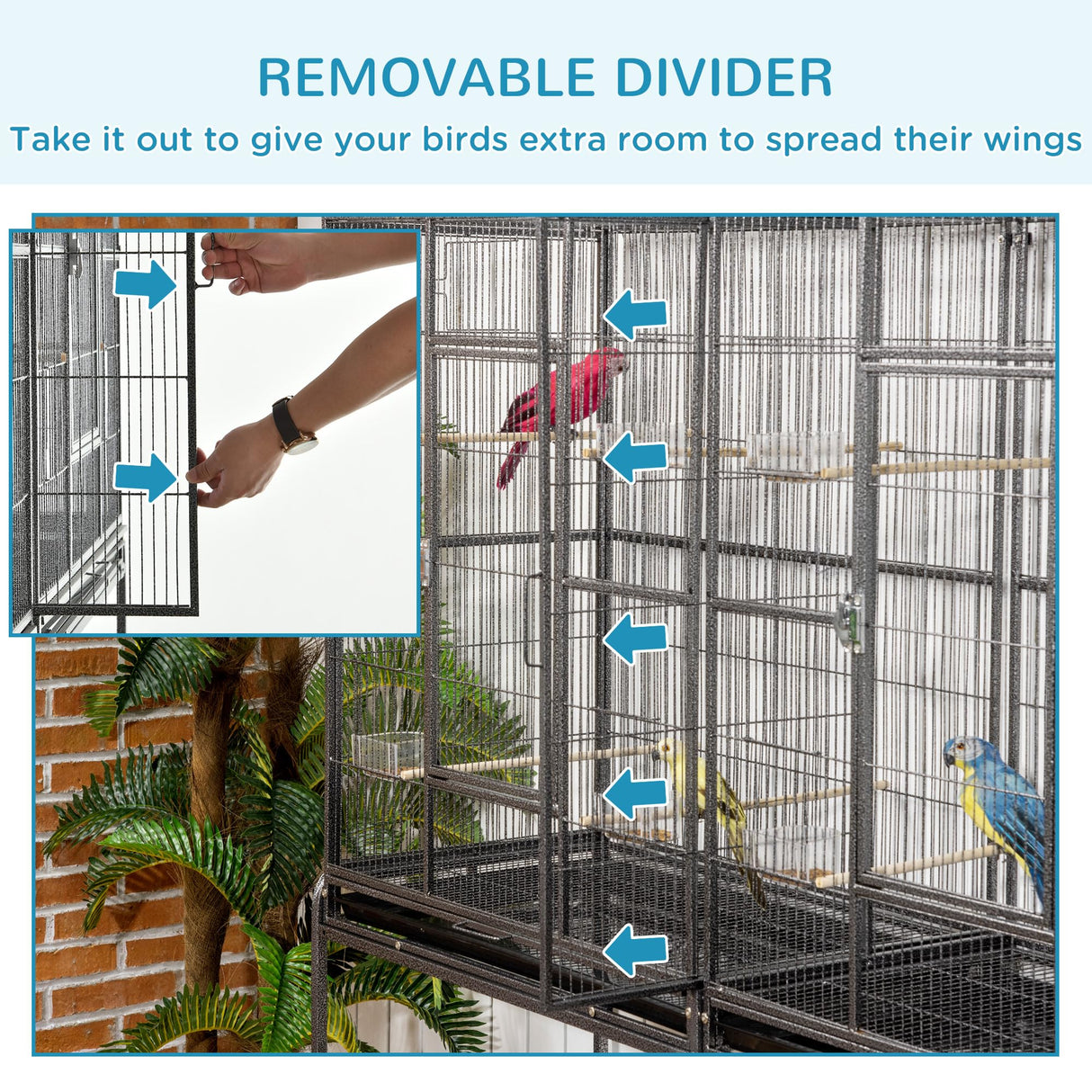 PawHut 65" Double Rolling Metal Bird Cage with Divider, Large Parrot Cage for Parakeet, Canaries, Lovebirds, Budgie, Finch, with Detachable Rolling Stand, Storage Shelf, Wood Perch & Food Container