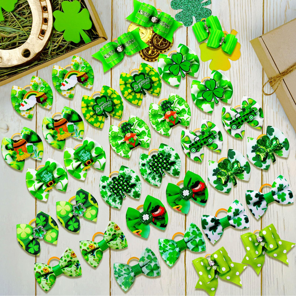 Mruq pet 80pcs St.Patrick's Day Dog Bows, Holiday Pet Dog Hair Grooming Bows with Rubber Bands, St.Patrick's Day Green Lucky Clover Element Dog Hair Bows for Dog Puppy Yorkie Hair Accessories