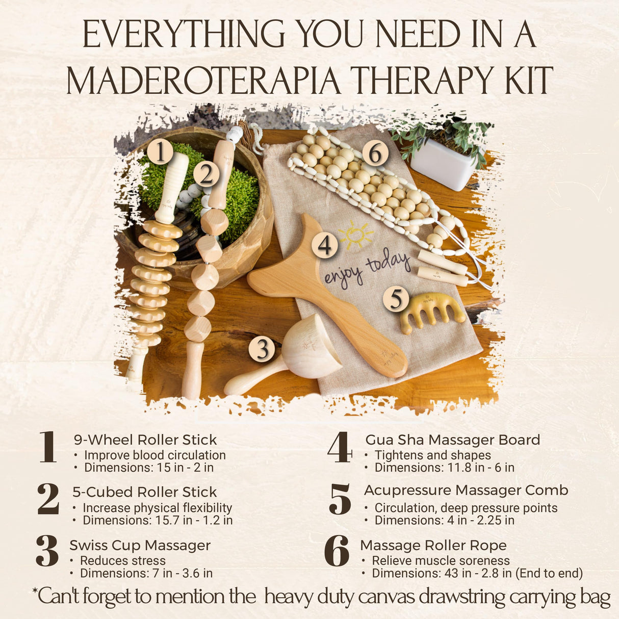 Enjoy Today 6 Pc Professional Solid Wood Therapy Massage Tools with Instruction Guide. Maderoterapia Kit with Lymphatic Drainage Massager, Cellulite Massager and Cupping Kit for Massage Therapy,