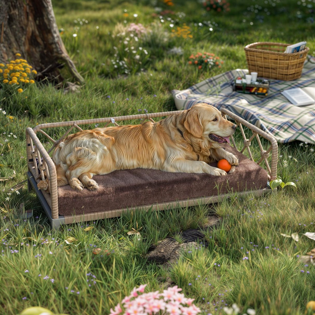 wallowsun Dog Bed with Cushion, Cooling Elevated Raised Beds with Rattan Breathable Mesh and Universal Mat, Indoor & Outdoor Pet Cots for Large Dog, Brown