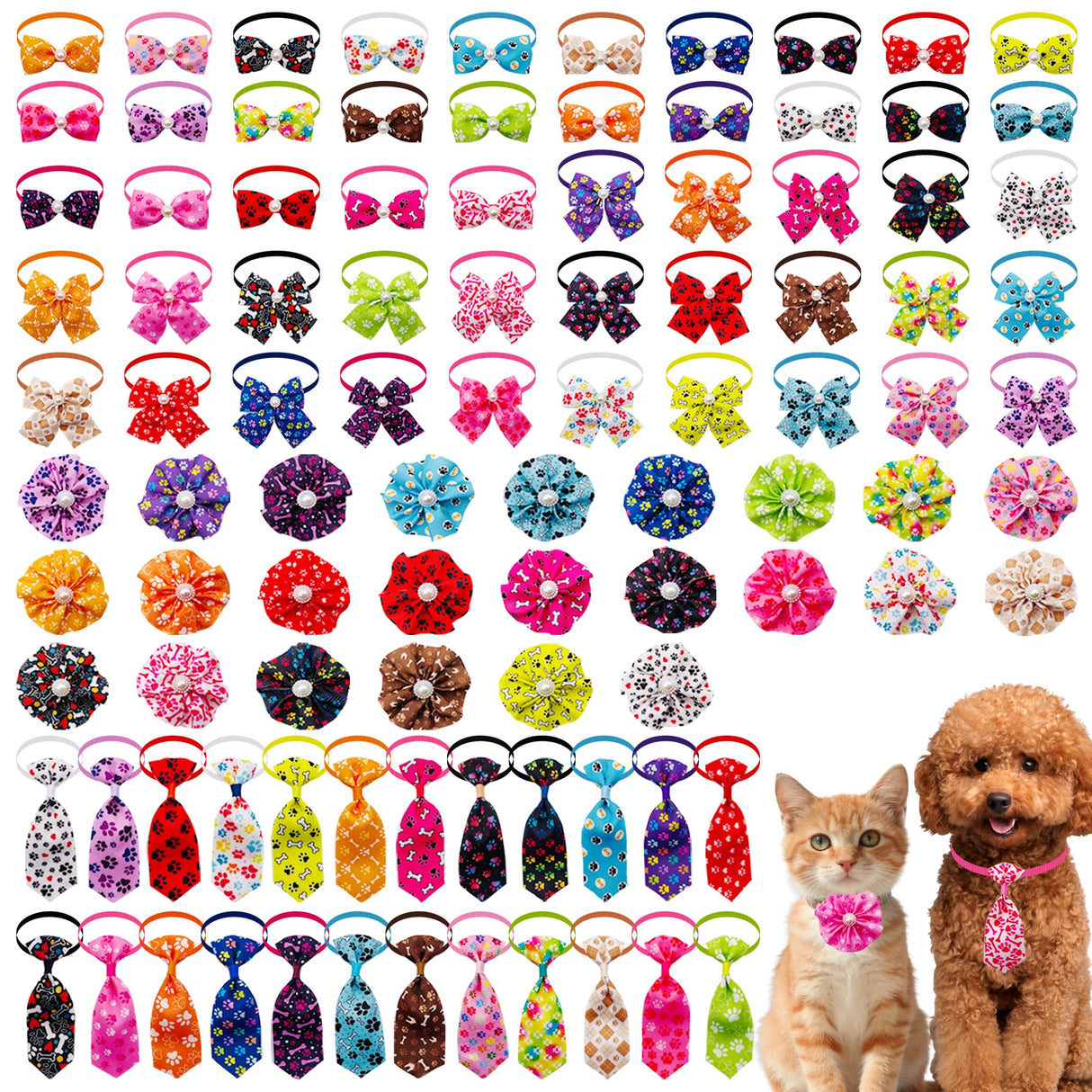 PET SHOW 100pcs Small Dog Bows Ties and Neckties Collar Bows Flowers Set 25 Paw Bone Patterns for Puppies Cat Dogs Grooming Accessories Birthday Party Costume for Groomer Pet Shop