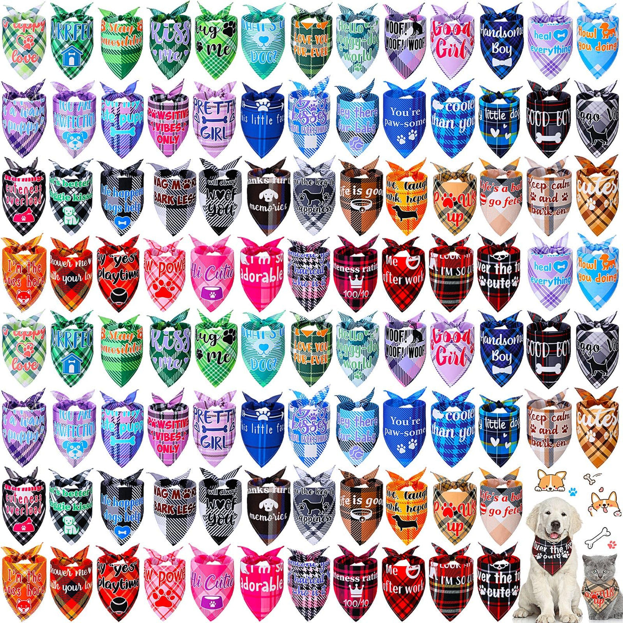 Sweetude 100 Pcs Plaid Dog Bandanas Bulk Paw Print Dog Scarf Bibs Puppy Pet Bandanas with Captions Adjustable Cat Outfit Washable Triangle Scarf Kerchief for Small to Medium