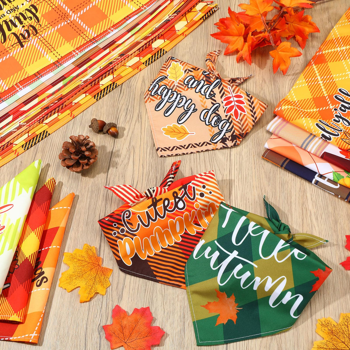 Sweetude 100 Pcs Fall Dog Bandanas Bulk Plaid Bandanas for Dog Autumn Thanksgiving Pet Scarf Bibs Adjustable Triangle Kerchief Grooming Supplies Pet Costume for Small Medium Large