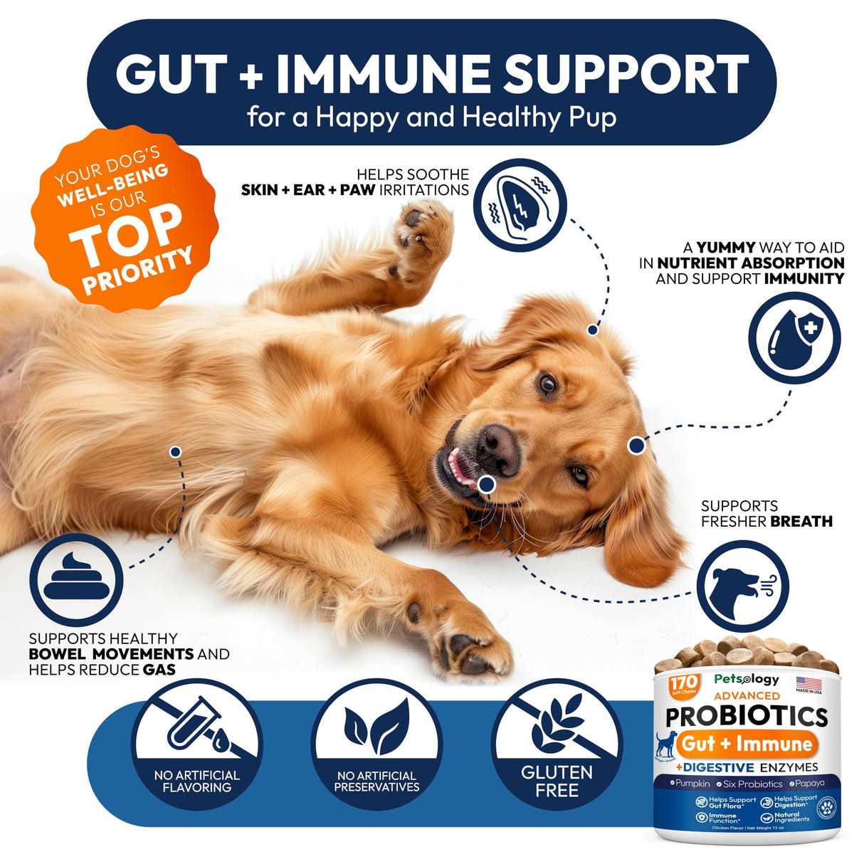 Probiotics for Dogs - 170 Dog Probiotics Chews - Digestive Enzymes & Prebiotics - Support Gut Health, Diarrhea, Gas & Constipation Relief - Itchy Skin, Allergies, Yeast Balance - Advanced Supplement
