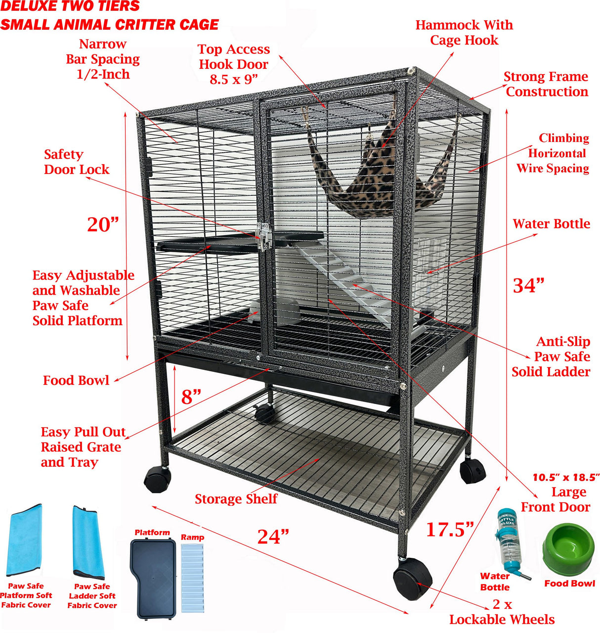 Deluxe Two Tiers Small Animal Critter Cage Tight 1/2-Inch Bar Spacing Water Bottle Food Bowl Feisty Ferret Hammock Chinchilla Rat Mice Squirrel Rabbit Sugar Glider Easy Clean Pull Out Grate Tray