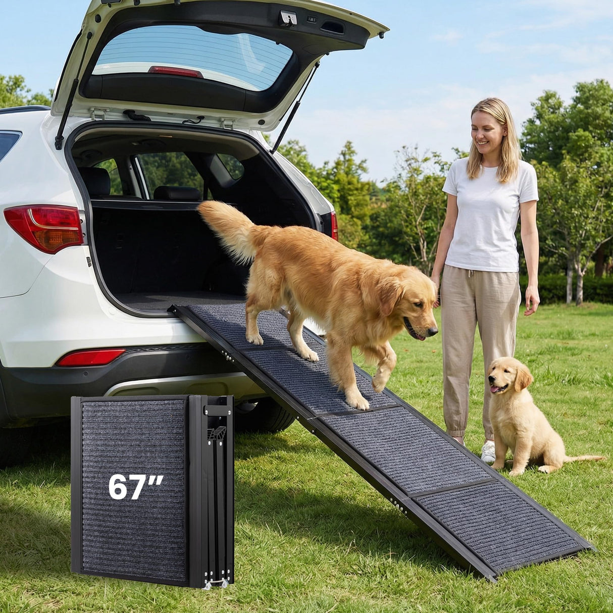 AQUILLA Dog Ramp for Car, 67" Long & 17.3" Wide Foldable Pet Ramp with Non-Slip Surface, Portable Dog Car Ramp for Old/Large/Senior Pets to Get on Bed, Stairs, Sedan/SUV/Cars, Up to 250LBS Capacity