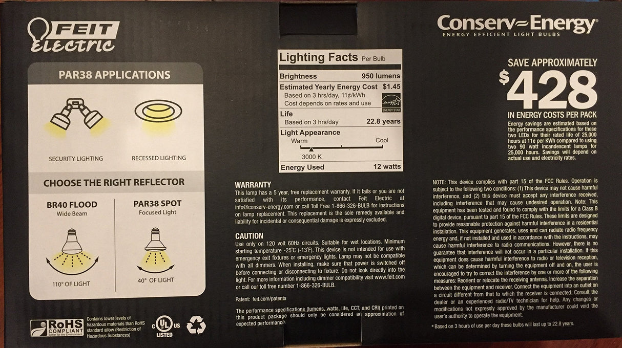 Feit PAR38 Spot Dimmable LED Light Bulb 2-Pack