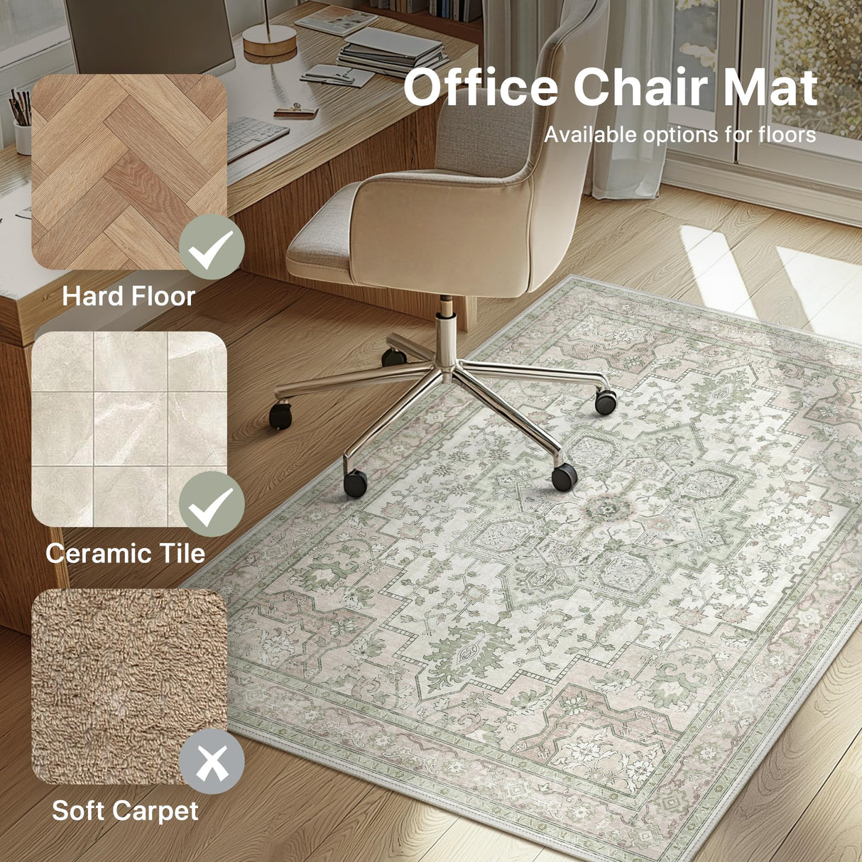 48"x60" Office Chair Mat for Hardwood Tile Floor, Under Desk Carpet Protector for Rolling Computer Chair Mat, Machine Washable Area Rug, Anti-Slip 1/5" Thick Low Pile Thin Vinyl Floor Mat, Mint