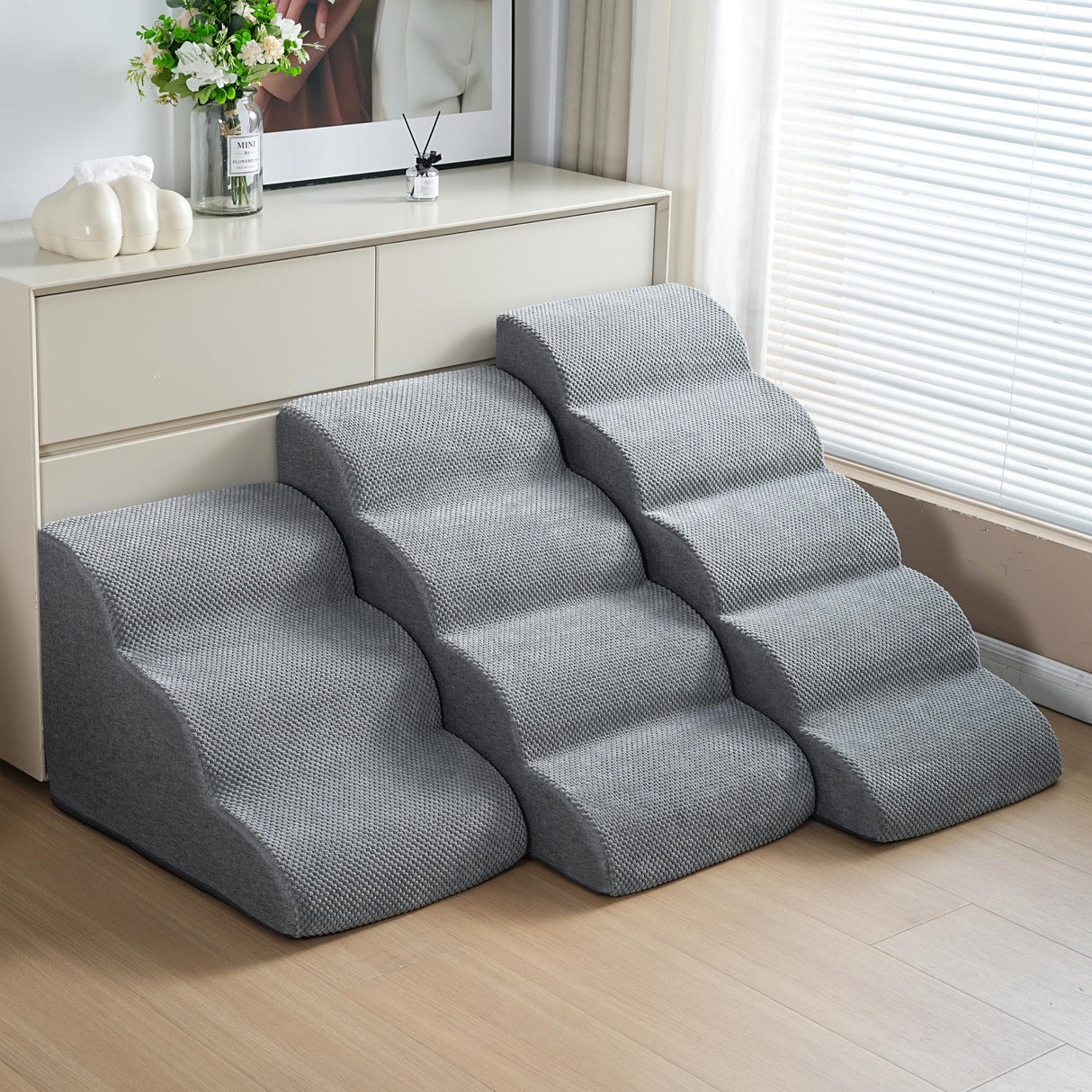 Dog Stairs, 15.7” H – 3-Step Foam Ramp for Small Dogs & Cats, Waterproof Washable Cover, Non-Slip Base, Lightweight Pet Ladder for Couch or Bed (Grey)