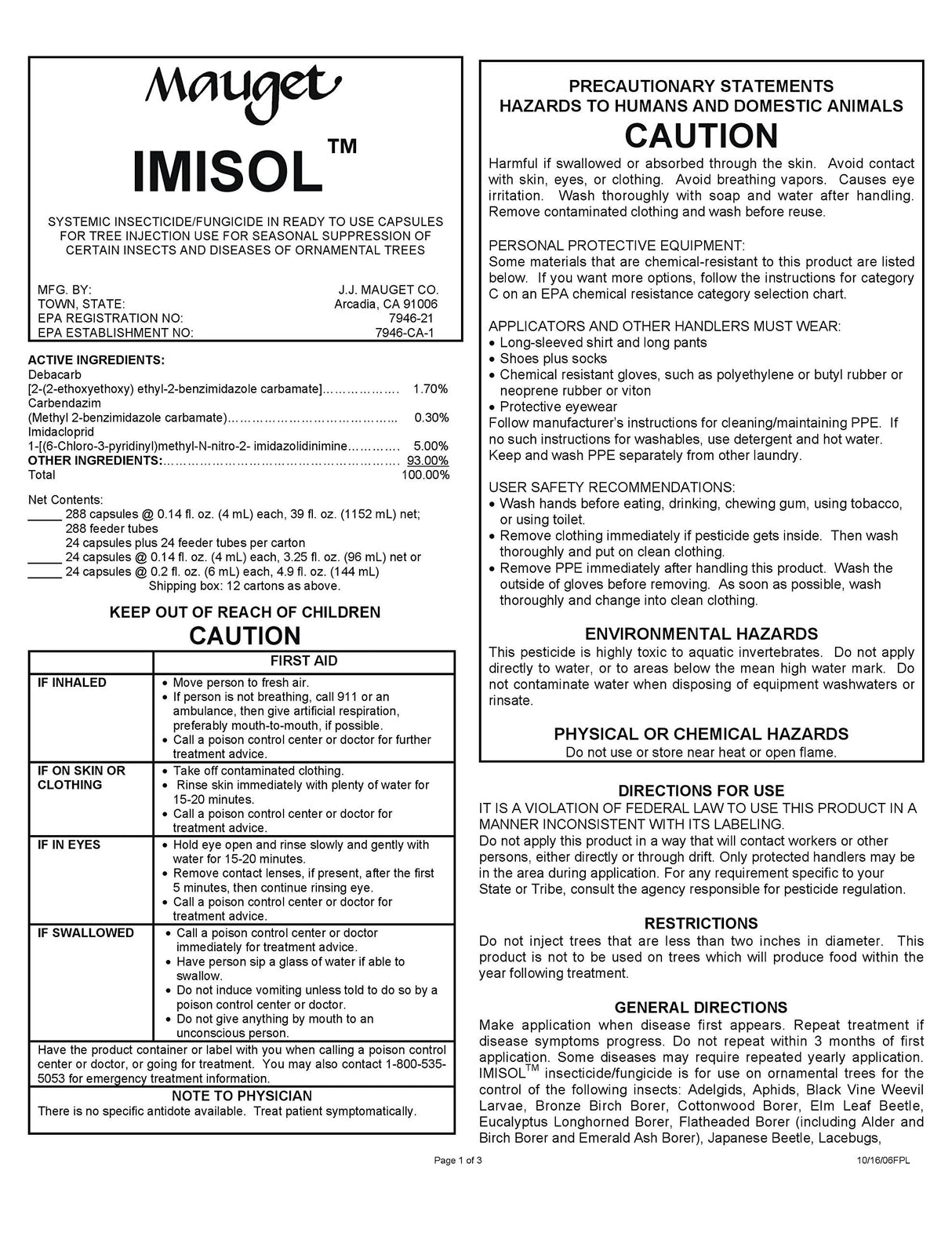 Mauget Imisol 4ml, Tree Injector Combination of Insecticide & Fungicide, Containing Imidacloprid & Debacarb (Imicide, Fungisol)