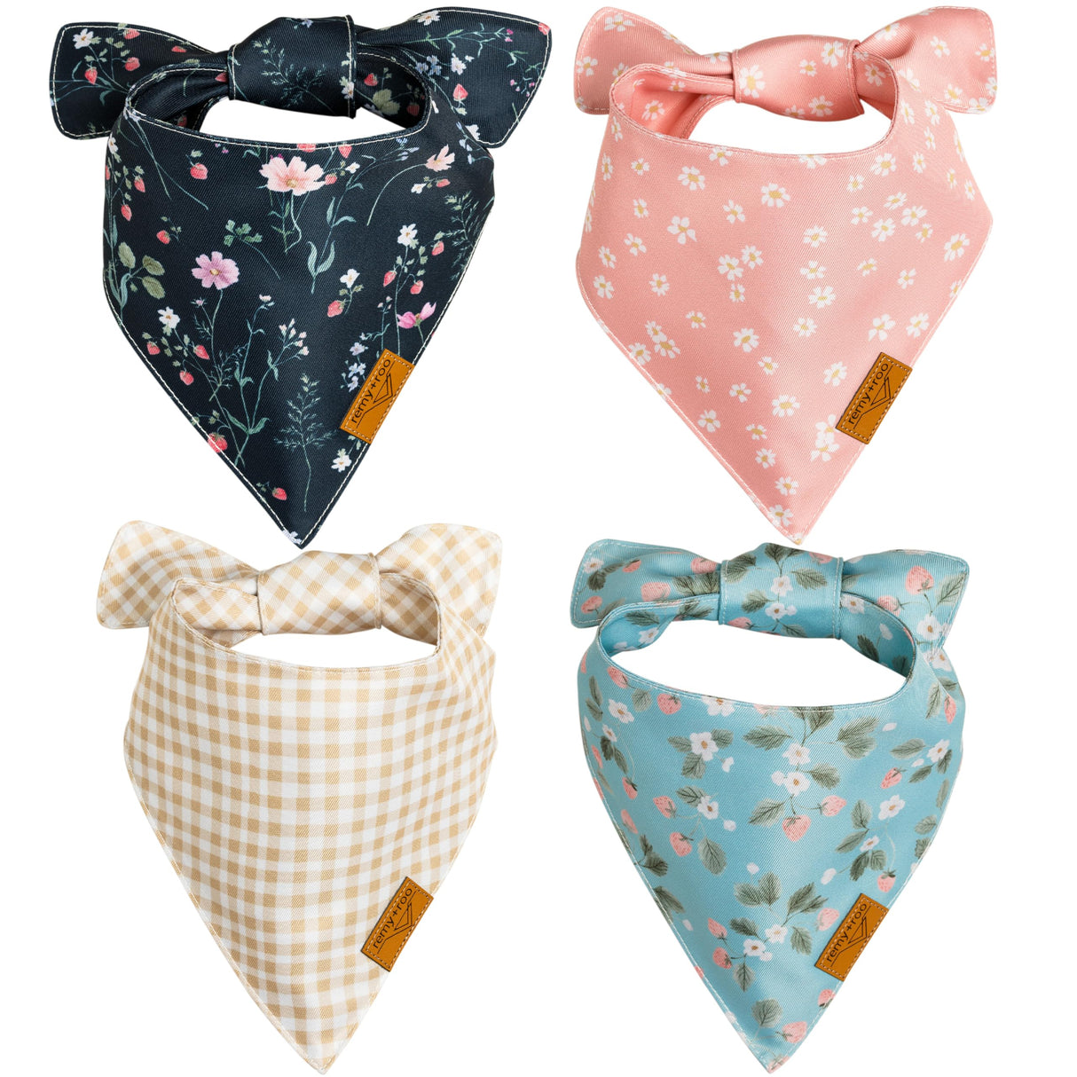 Remy+Roo Spring Dog Bandanas - 4 Pack Meadow Set | Premium Durable Adjustable Polyester Fabric | Patented Shape Girl Dog Bandana, Floral Bandana for Dogs (Small)