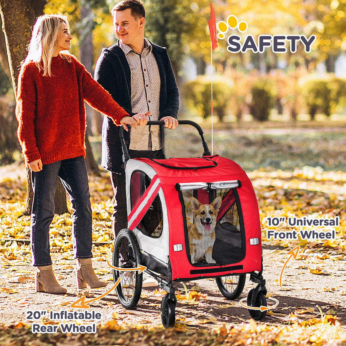Aosom 2-in-1 Pet Bike Trailer for Small Medium Dogs, Road-Visibility Dog Stroller Bicycle Carrier, Weather-Strong Bike Wagon Trailer Sidecar Attachment, Red