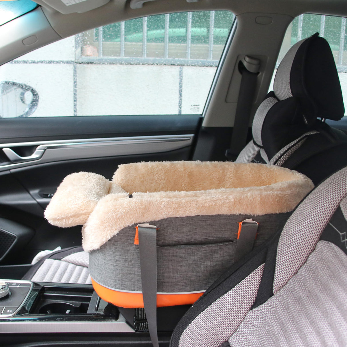 Pet Car Center Console Elevated Armrest Car Seat for Small Puppy, Dogs & Cats (Up to 10 lbs) – Dark Gray Washable Plush Carrier with Safety Leash, Fits Front Vehicle Console Space