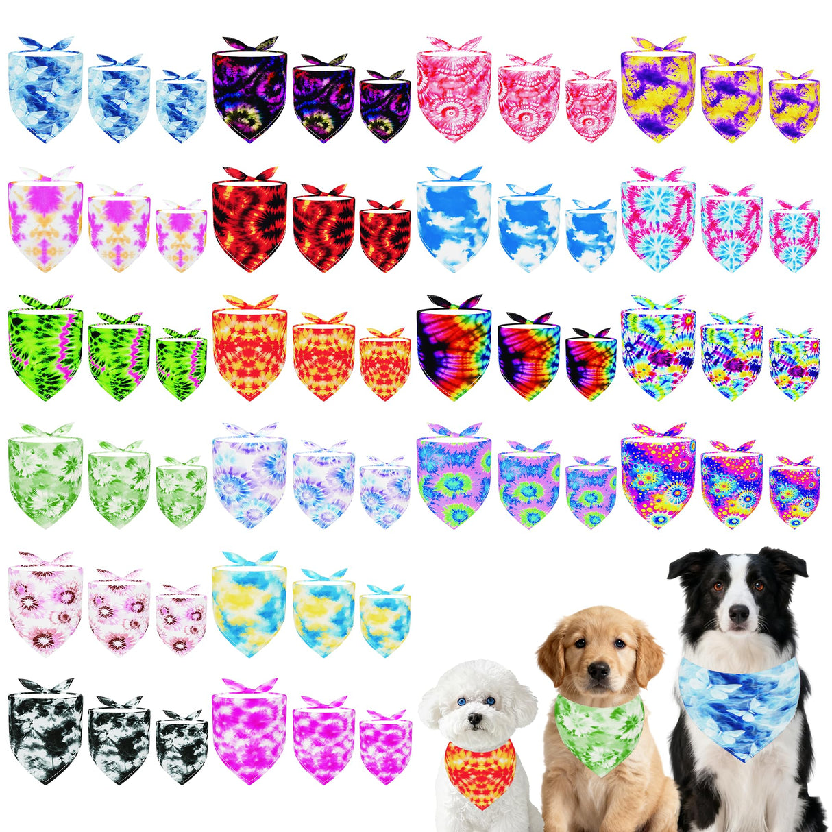 Pai Sence Tie Dye Dog Bandanas Bulk for Dogs 60 Pcs Assorted Size Stitching Dog Bandanas Small Medium Large Mixed Size Bandana Party Grooming