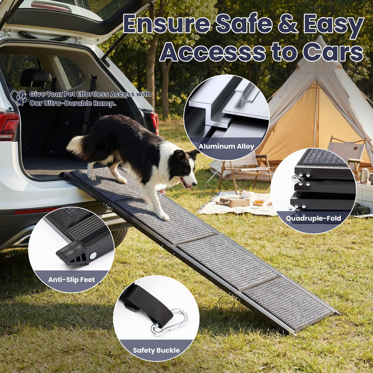 AQUILLA Dog Ramp for Car, 67" Long & 17.3" Wide Foldable Pet Ramp with Non-Slip Surface, Portable Dog Car Ramp for Old/Large/Senior Pets to Get on Bed, Stairs, Sedan/SUV/Cars, Up to 250LBS Capacity
