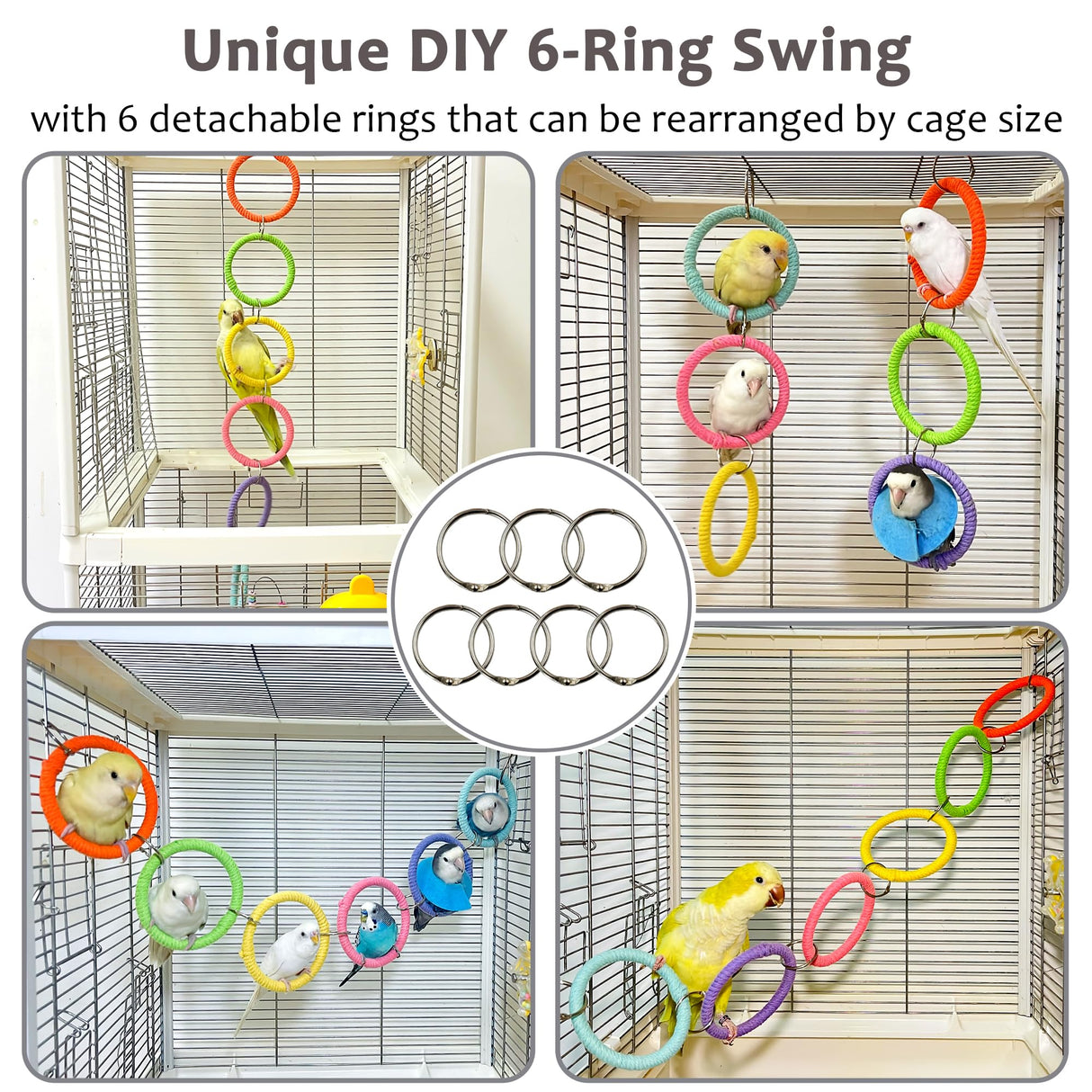 Jevnd 6-Ring Bird Swing Toy for Cage, Colorful Cotton Rope Perch for Parrots Soft Grip, DIY Adjustable Hanging Parakeet Toys, Interactive Multi-Bird Swing and Climb for Budgies, Lovebirds, Cockatiels
