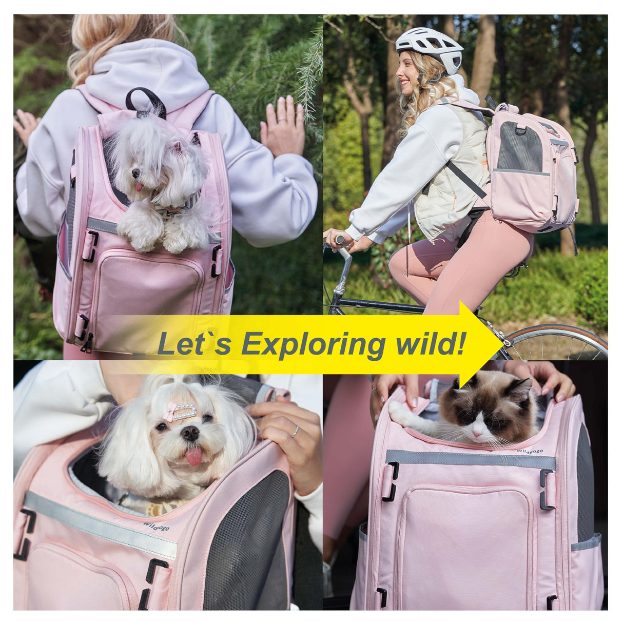 Wildgogo Expandable Pet Carrier, Airline-Approved Foldable and Detachable Backpack, Fits 13lbs Cat&11lbs Small Puppy Dog, for Car Travel,Camping and Emergency Transportation and Shelter (Pink)