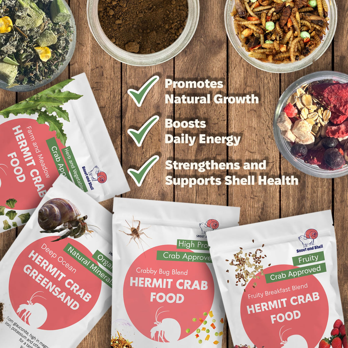 Snout and Shell Hermit Crab Food Bundle (Farm and Meadow, Fruity Breakfast Blend, Crabby Bug Blend, Greensand)