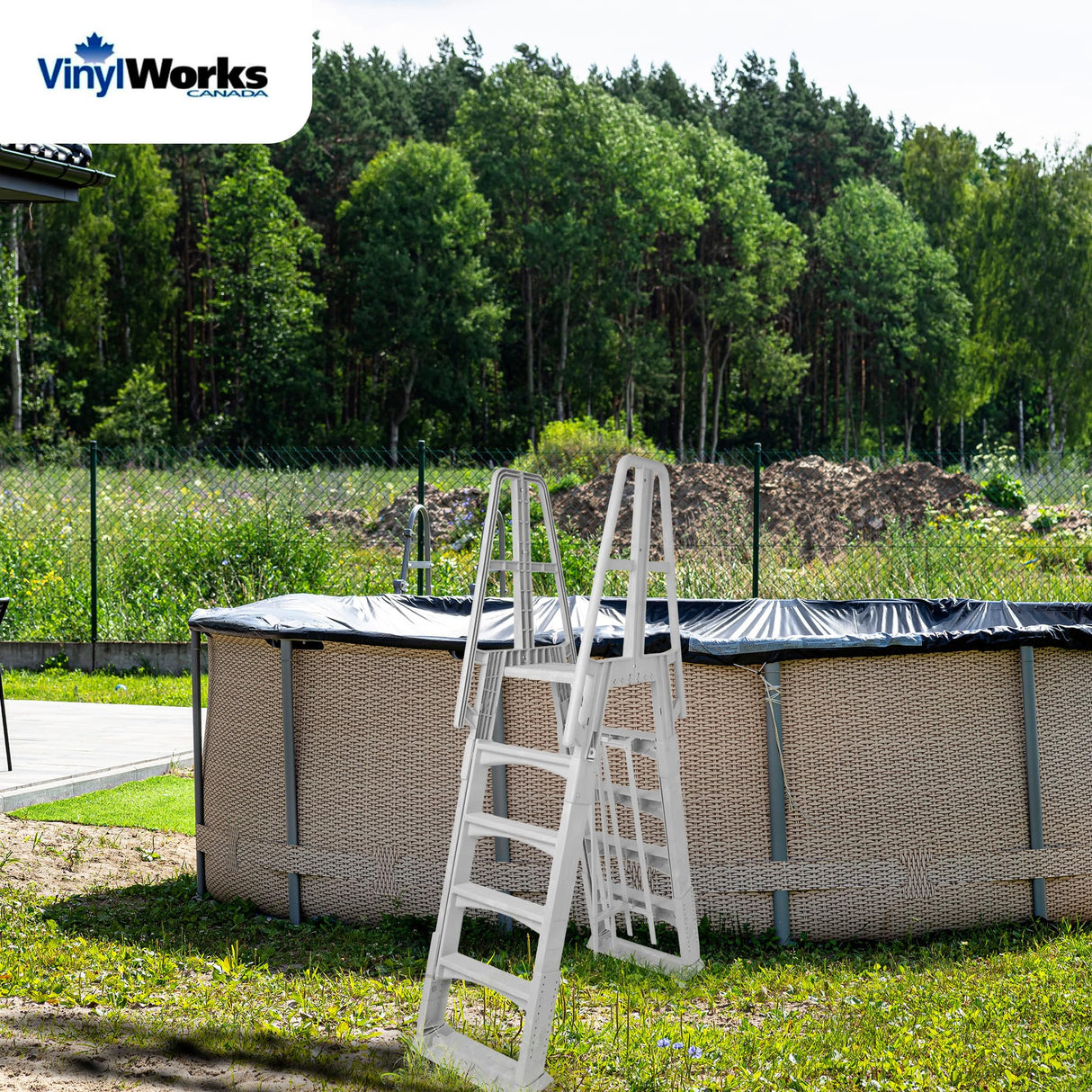 Vinyl Works SLA A-Frame 48 to 56 Inch Adjustable Above Ground Swimming Pool Ladder Entry System with Slide Lock Barrier and Handrails, White
