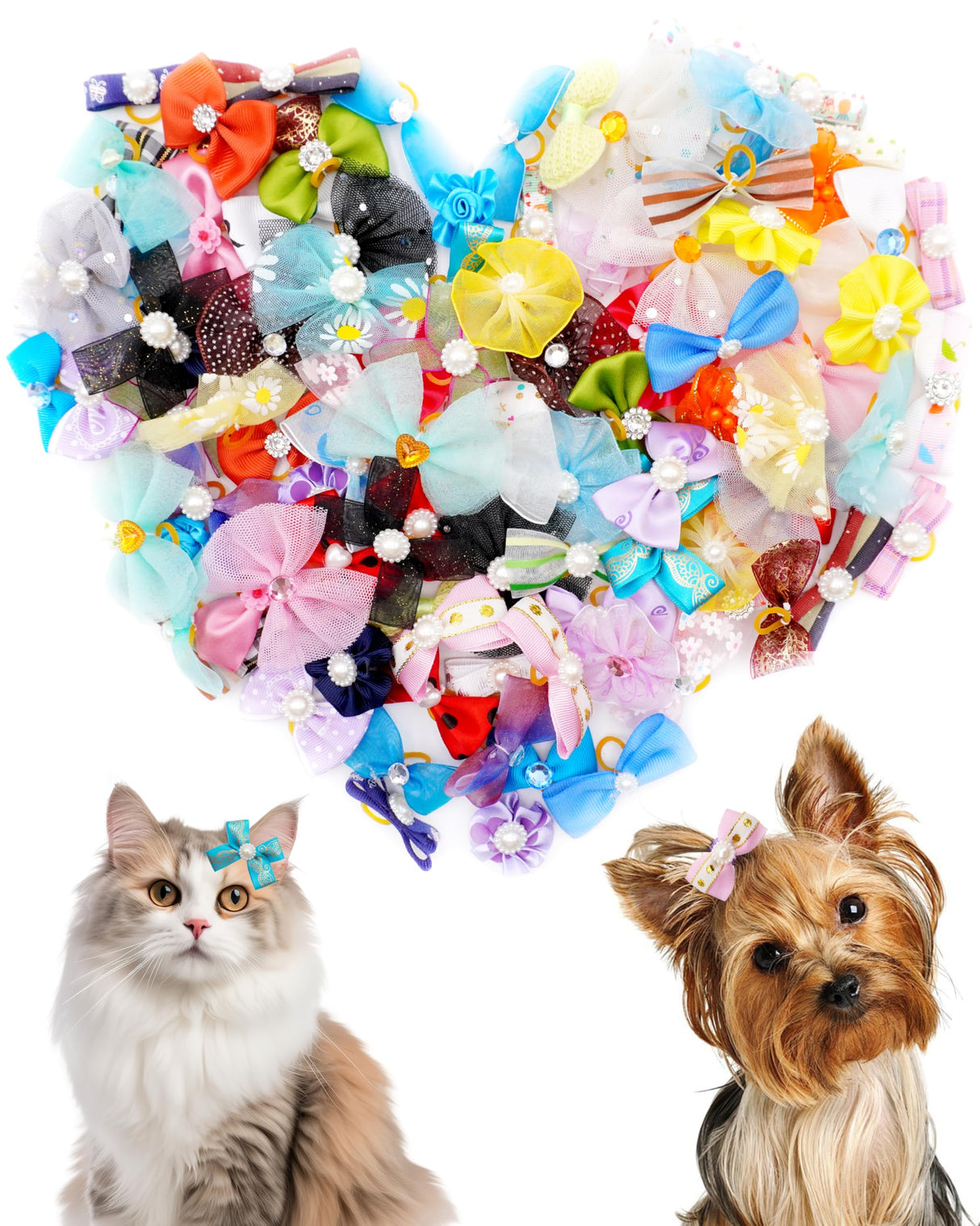 PET SHOW 100 Pack Dog Hair Bows with Rubber Bands for Small Medium Dogs Girls Boys Female Male Puppies Yorkies Topknot Cats with Long Hair Assorted Random Pet Grooming Accessories