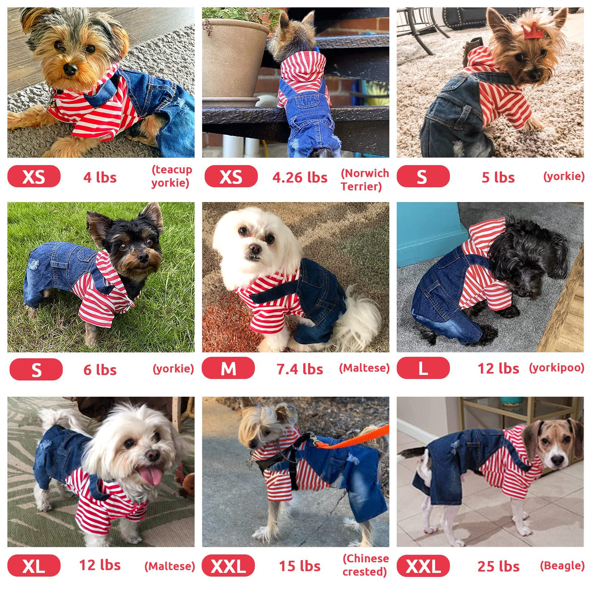 DOGGYZSTYLE Small Dog Hoodie Clothes Cute Stripe Shirts Denim Jumpsuit One-Piece Outfit for Small Medium Dogs Cats Boy Girl Chihuahua Blue Jeans Overalls Puppy Costume (Red,XL)