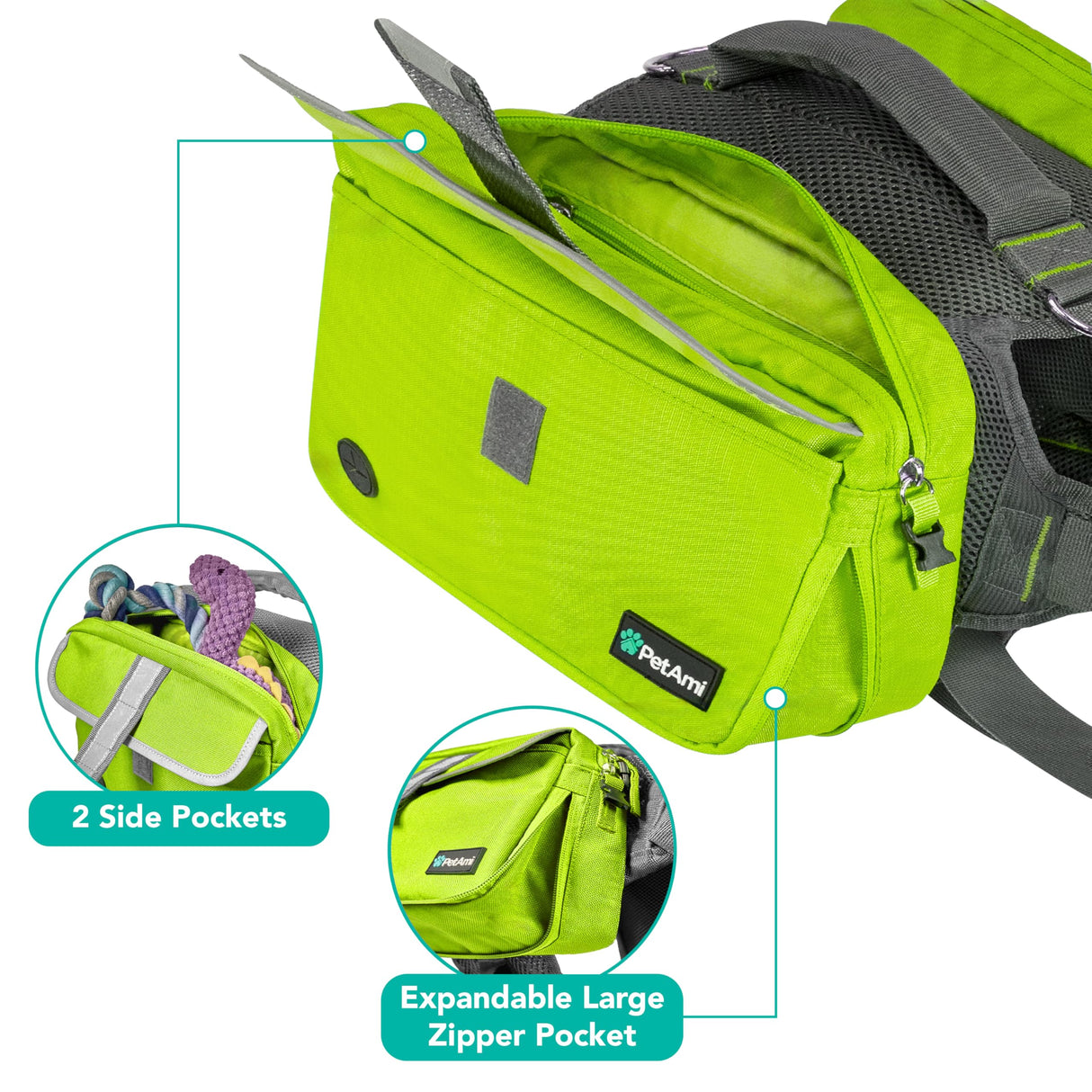 PetAmi Dog Backpack for Medium & Large Dogs, Saddle Bag for Dogs to Wear for Hiking, Pet Backpack Harness Dog Pack with Reflective Side Pockets for Walking Running