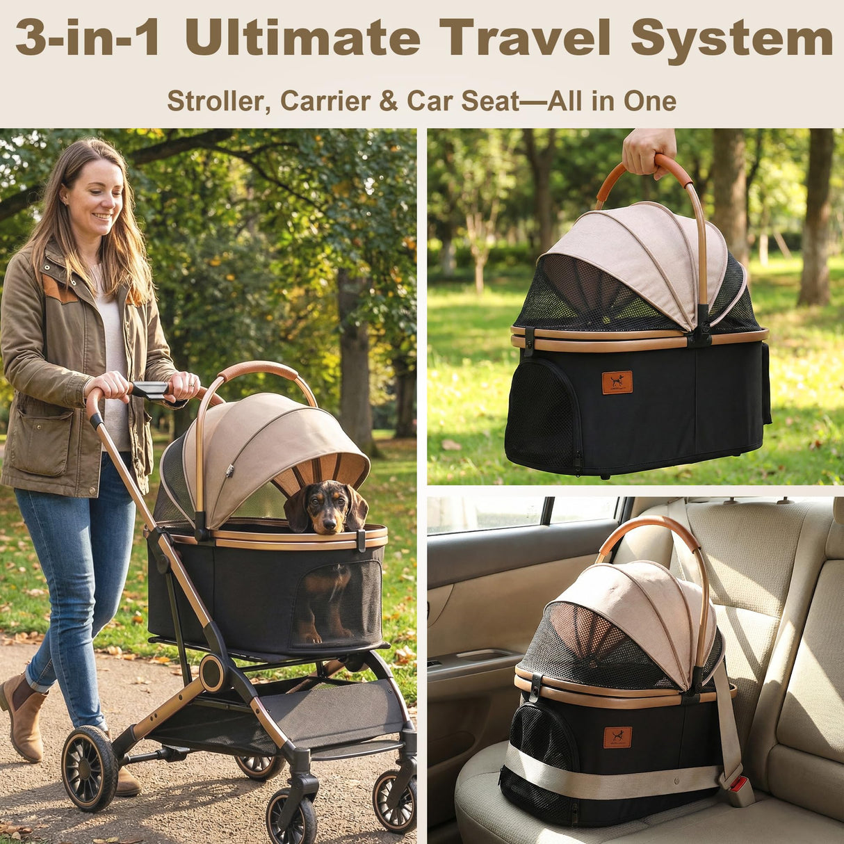 PAWPUBBY Dog Stroller for Small Dogs & Cats, 3-in-1 Pet Stroller with Detachable Carrier, Foldable Lightweight Pet Stroller with 360° Wheels, Classic Brown