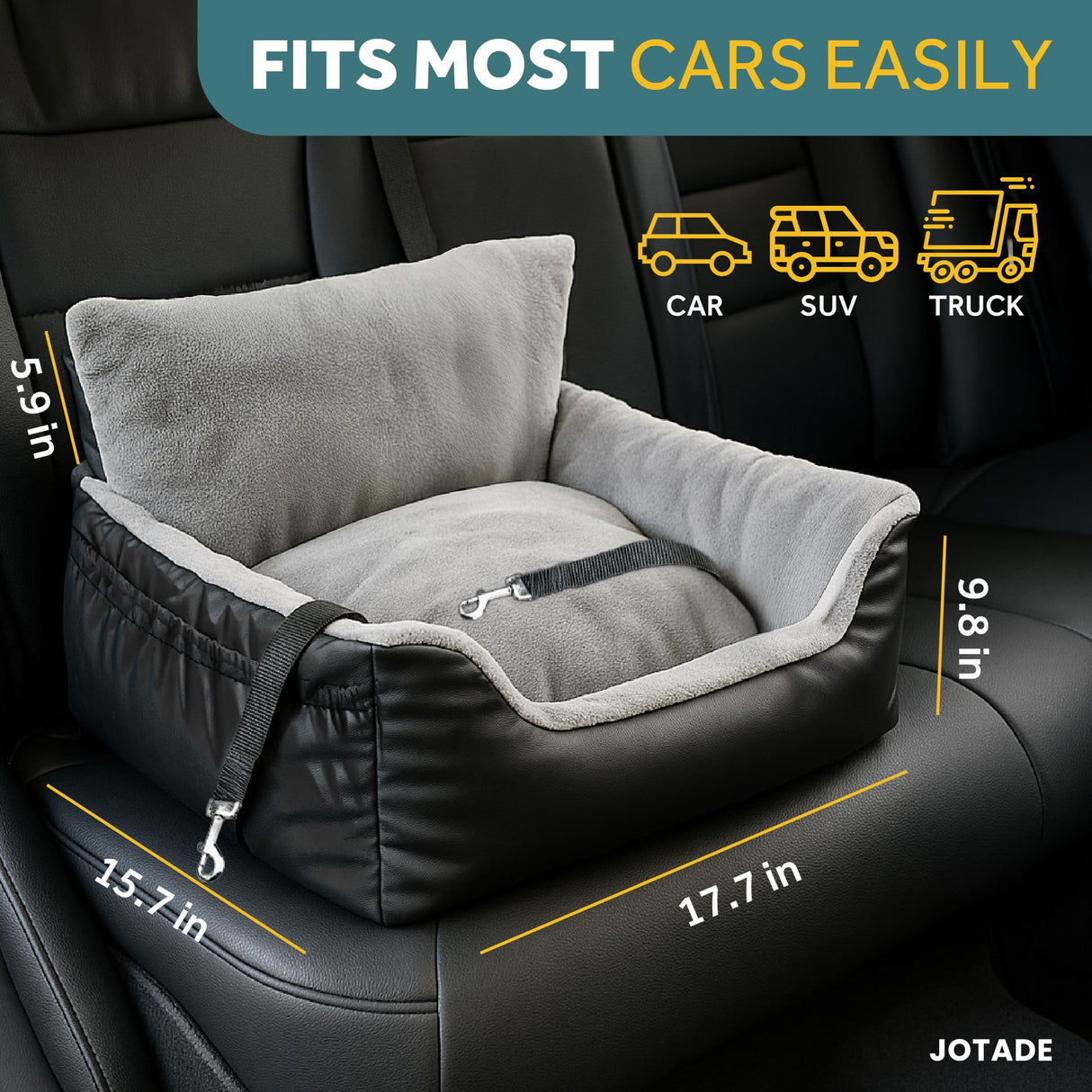 JOTADE Dog Car Seat for Small & Medium Dogs β Washable & Reversible Pet Travel Booster Seat, Double Safety Leashes, Anti-Slip Design, Extra Cushion Cover, Easy Install Puppy Car seat up to 35 lbs