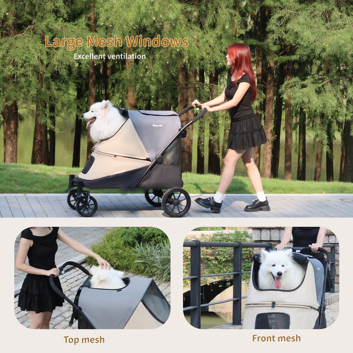 Dog Stroller for Medium/Large Dogs One-Click Folding 4 Wheel Pet Foldable Dog Stroller for 2 Dogs Jogger with Storage Pocket Suitable for Pets Up to 110LBS