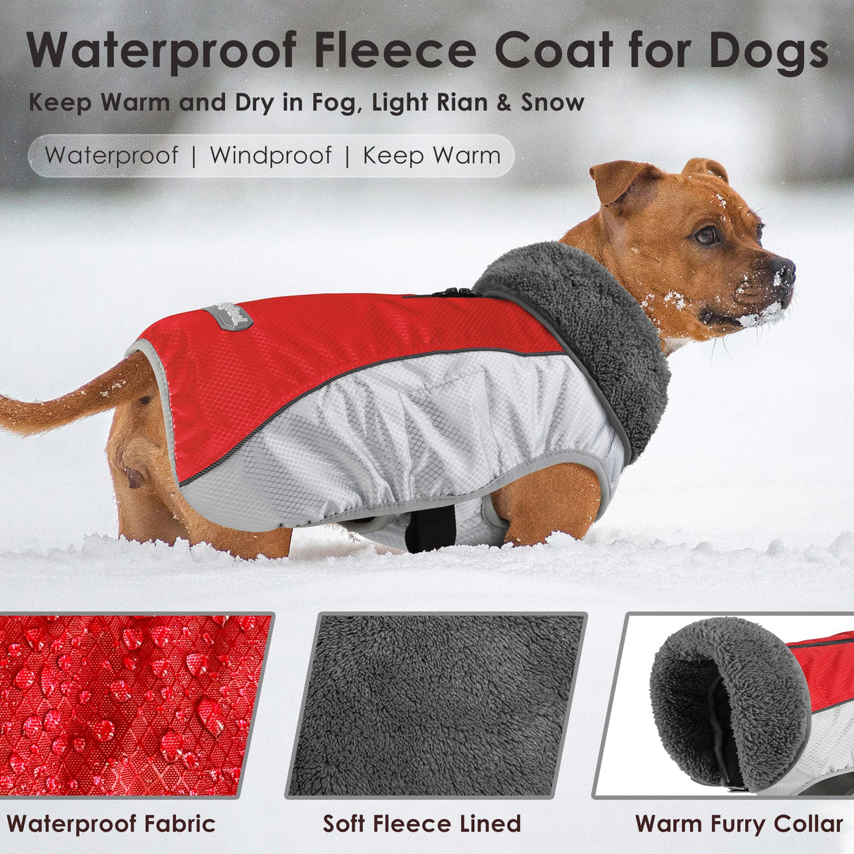 Petglad Dog Coat, Waterproof Ripstop Dog Winter Jacket with Leash Hole, Reflective Adjustable Warm Pet Fleece Snow Sweater for Small Medium Large Dogs - Red, XL