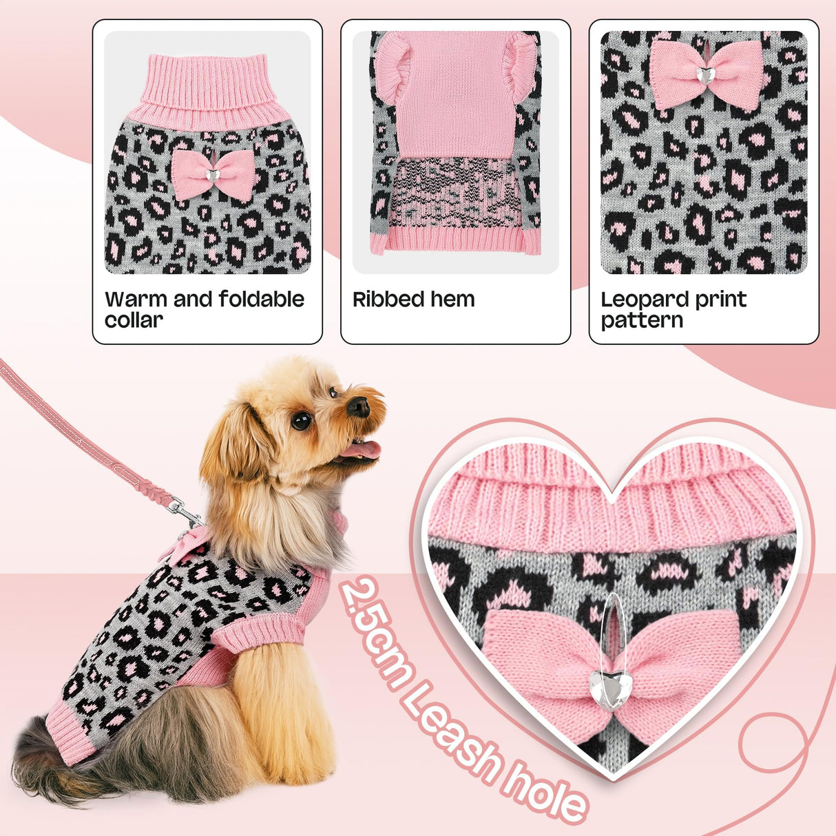 YUDODO Small Dog Sweater with Bowtie Turtleneck Leopard Knitted Pet Girl Dog Winter Clothes Warm Sweater for Yorkies Chihuahua with Leash Hole (S, Pink Leopard)