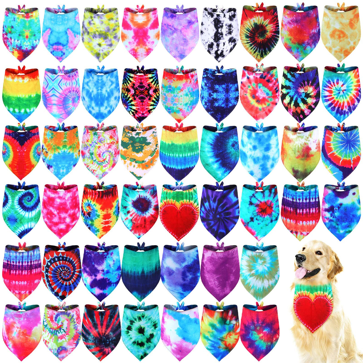 Silkfly 50 Pcs Summer Tie Dye Dog Bandanas Bulk Pet Scarf Grooming Salon Triangle Washable Dog Bib Kerchief for Large Pet Birthday Party(Large)