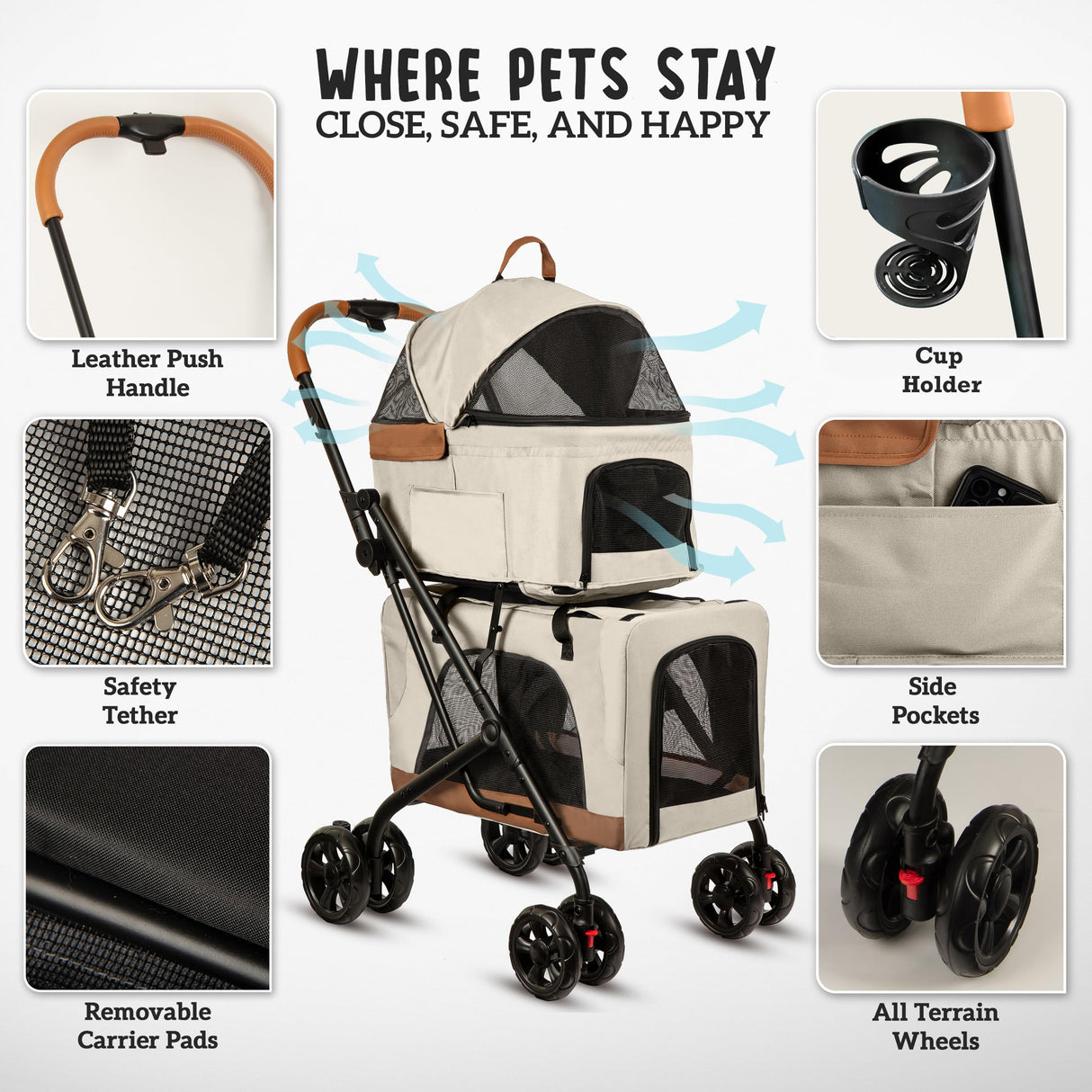 Double Pet Stroller with Detachable Carriers - Ideal for 2 Dogs or Cats - Compact & Convenient Design - Easy Assembly Double Dog Stroller - Cosmic Beige