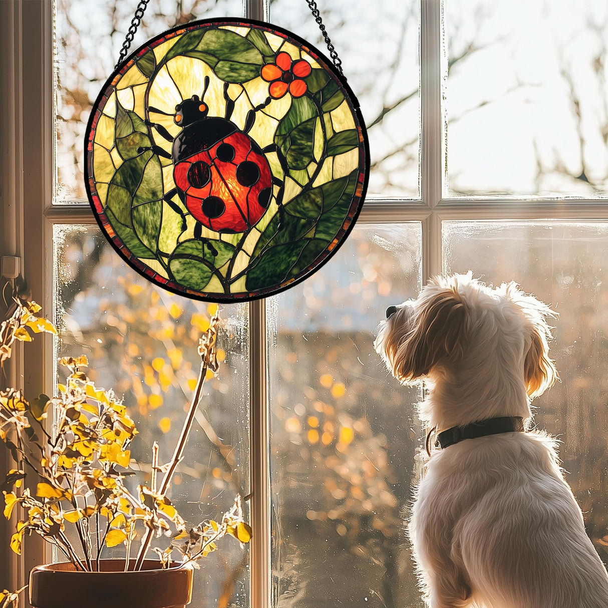 AMDERVEN Stained Glass Window Hanging - Red Ladybug Green Plant Flower Sun Catcher for Door Home Decor Insect Suncatcher Christmas Mother's Day Birthday Gifts for Women Men Mom Nana 6.3 in
