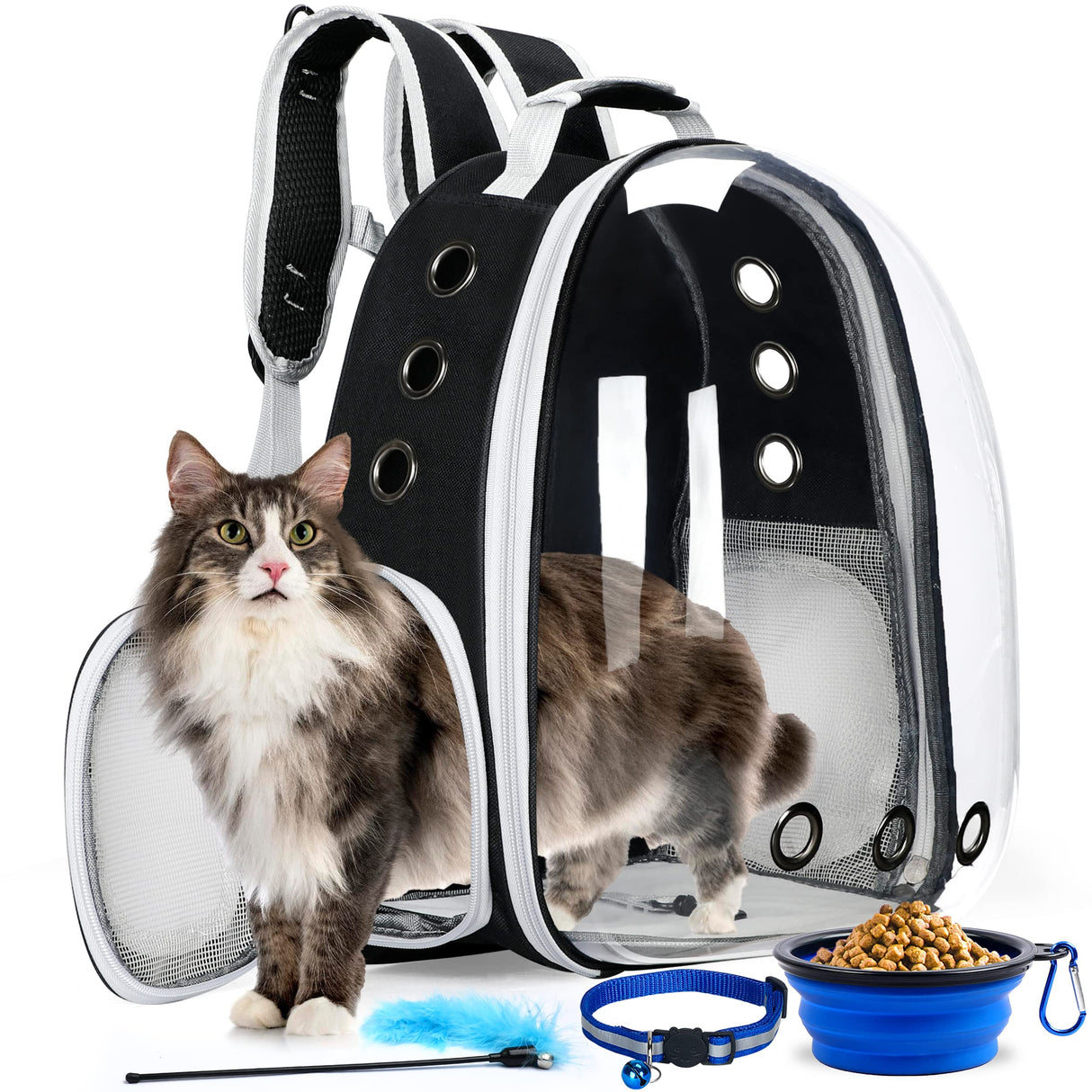 Cat Backpack Carrier with Collapsable Dog Bowl, Cat Collar & Interactive Cat Toy (4 Pcs Set)- Airline Approved Cat Carrier Bag for Medium Dogs & Cats, Animal Carrier Backpacks, Pet Backpack |Black