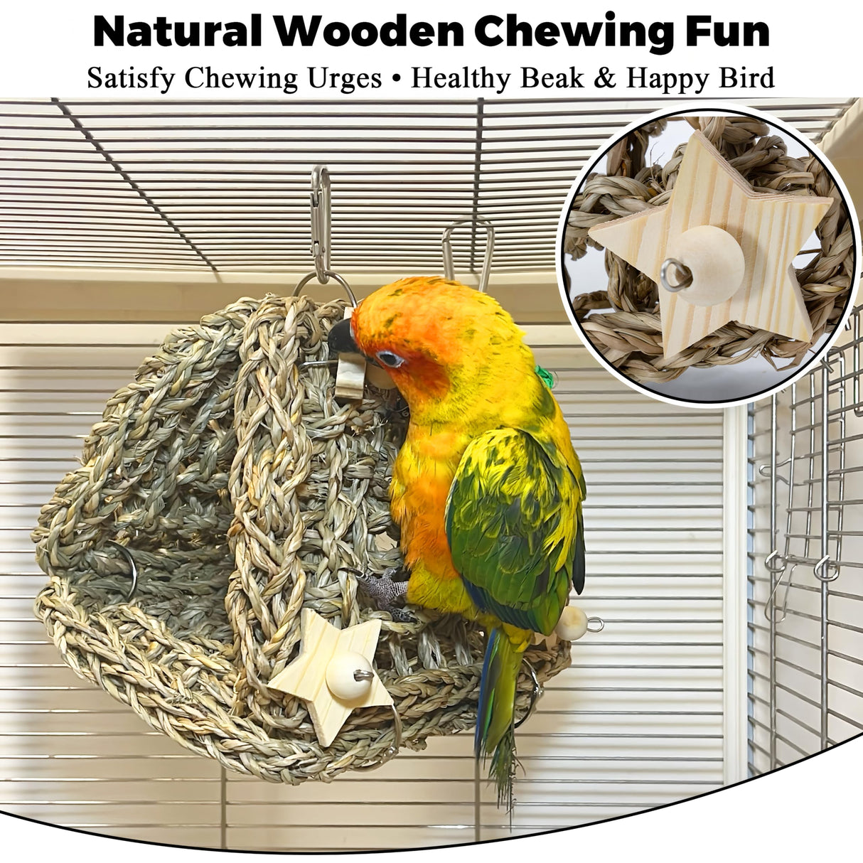 Jevnd Seagrass Handwoven Bird Bed for Cage, DIY Parakeet Nest & Climbing Ladder, Breathable Bird Hammock Tent with Chewable Toys, Cozy Parrot Sleeping Hut for Small Medium Birds Like budgies Lovebirds