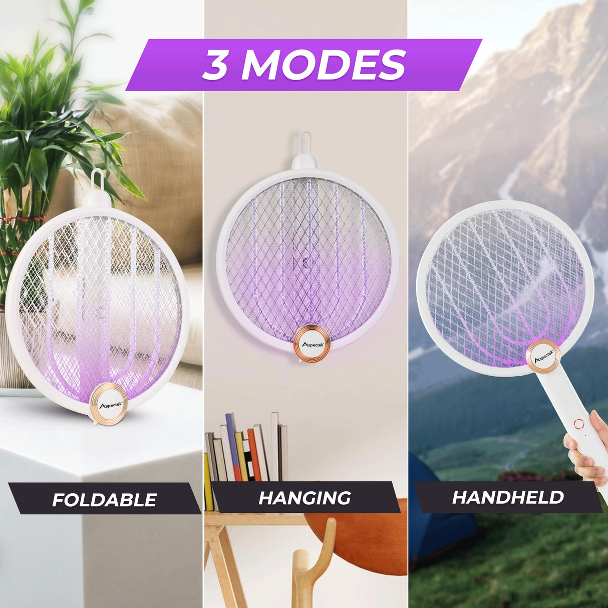 ASPECTEK Upgraded 3000V Electric Fly Swatter for Indoor and Outdoor, Portable, Foldable, Rechargeable with Improved Battery Life, USB Charging Cable, Include a Storage Bag