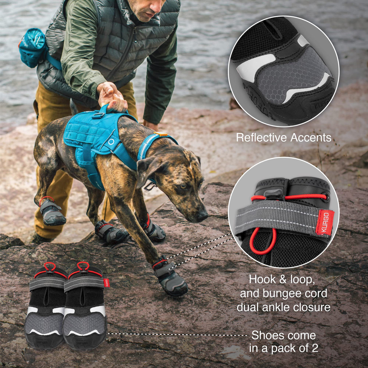 Kurgo Blaze Dog Boots - Protects Paws in All Seasons - Breathable Fabric - Water Resistant Dog Shoes - Dual Ankle Closure - Reflective Dog Boots - Includes 2 Shoes - Chili Red/Black - XXS