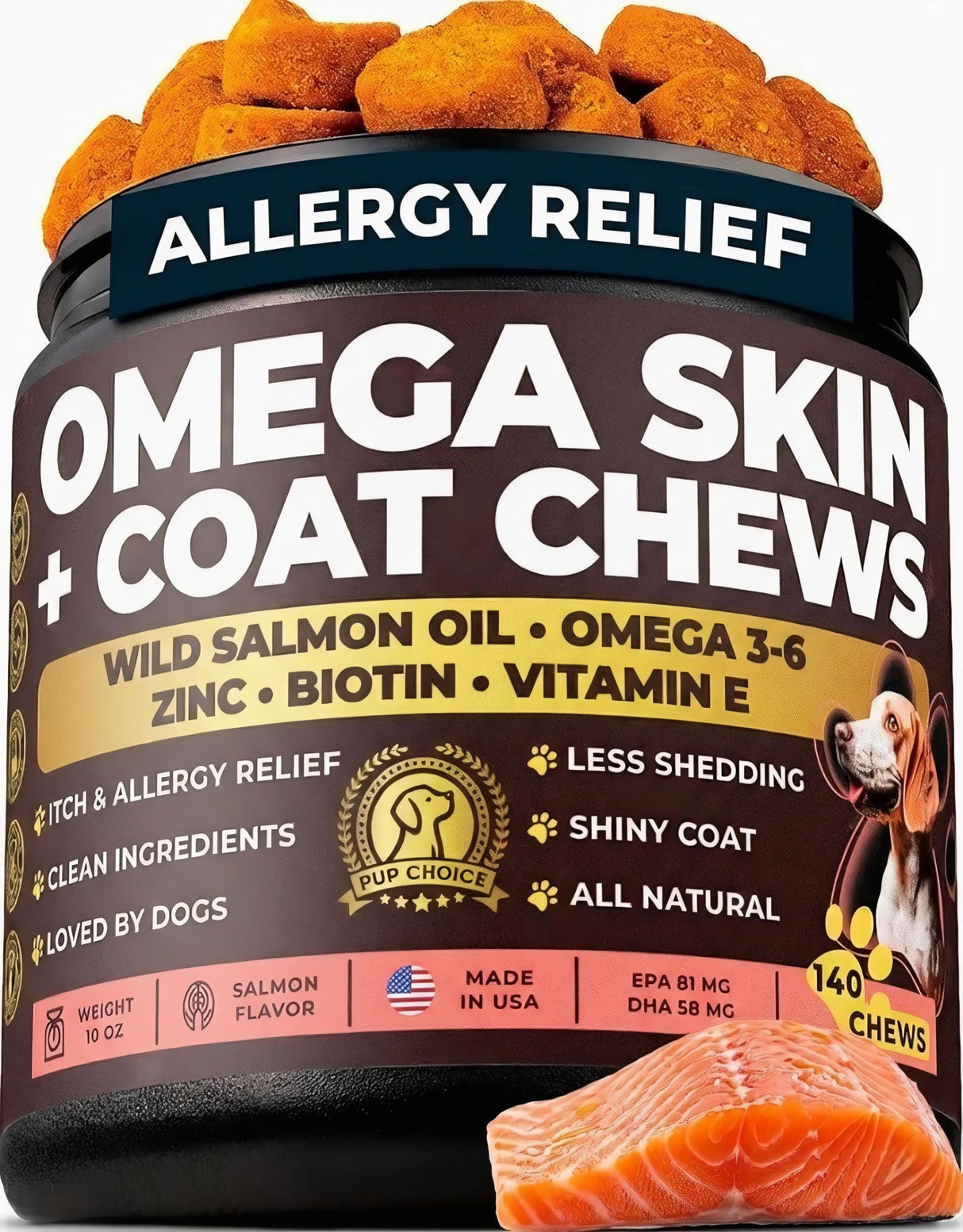 Pup Choice Omega 3 & 6 Dog Skin & Coat Chews – Wild Salmon Oil, Biotin, Zinc & Vitamin E – Supports Dry Itchy Skin, Shedding & Healthy Coat – PhD-Endorsed, Made in USA, 140 Chews, Salmon Flavor