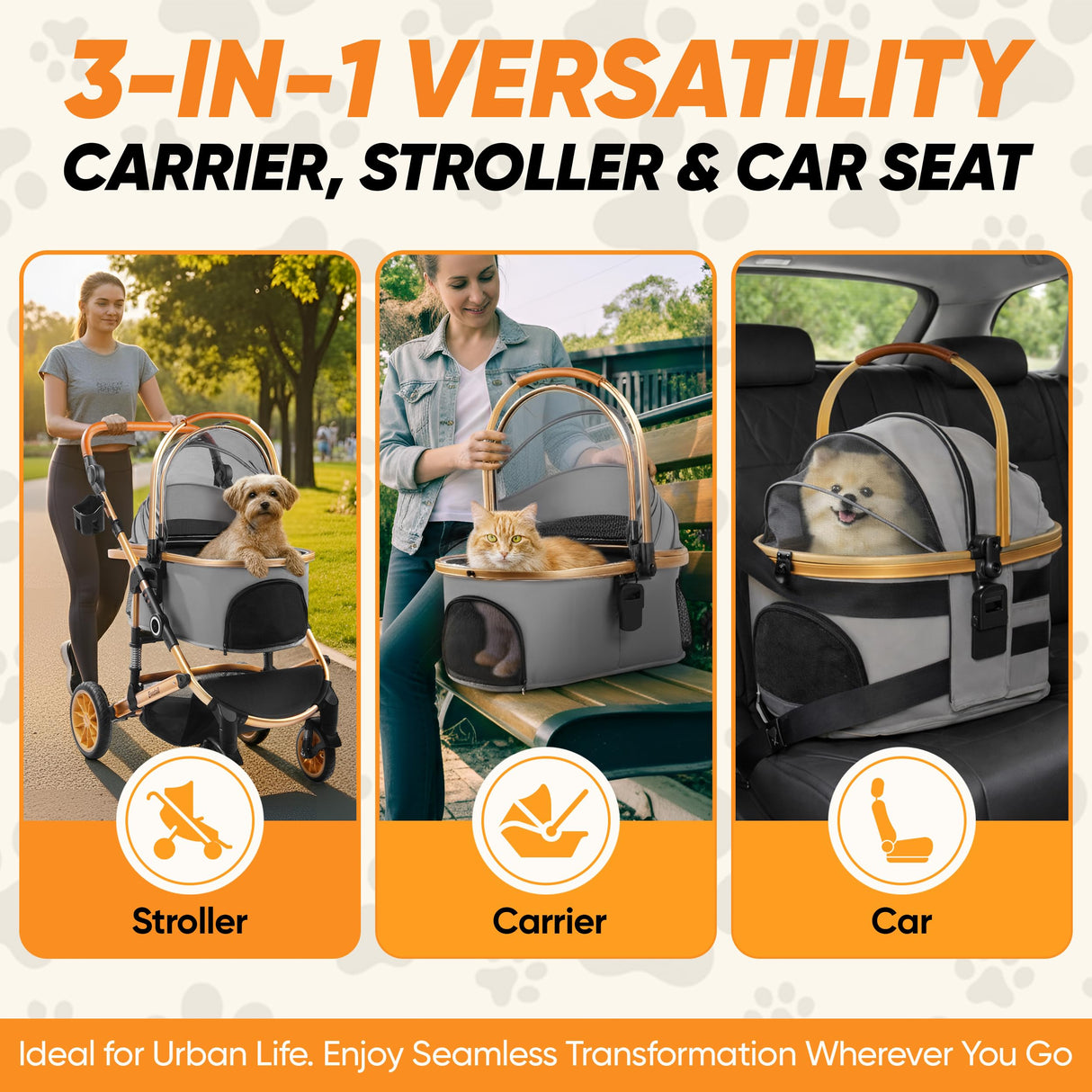Evertail Dog Stroller for Small Dogs & Cats – 3-in-1 Pet Stroller with Detachable Carrier & Car Seat, Foldable Cat Stroller for 2 Cats or Medium Dogs up to 55 lbs, Rubber Wheels & Shock Absorbers