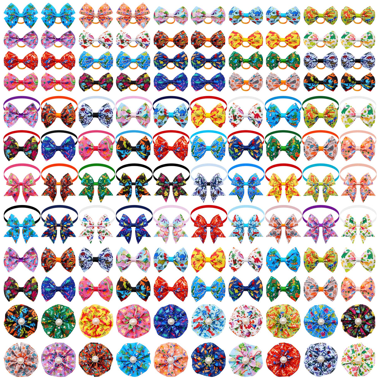 JpGdn 120PCS Dinosaur Dog Bows Pack Include 20PCS Bowties with Adjustable Buckle 40PCS Hair Bows 60PCS Flowers and Bowties Attachments for Girl Female Boy Male Dogs Grooming Accessories