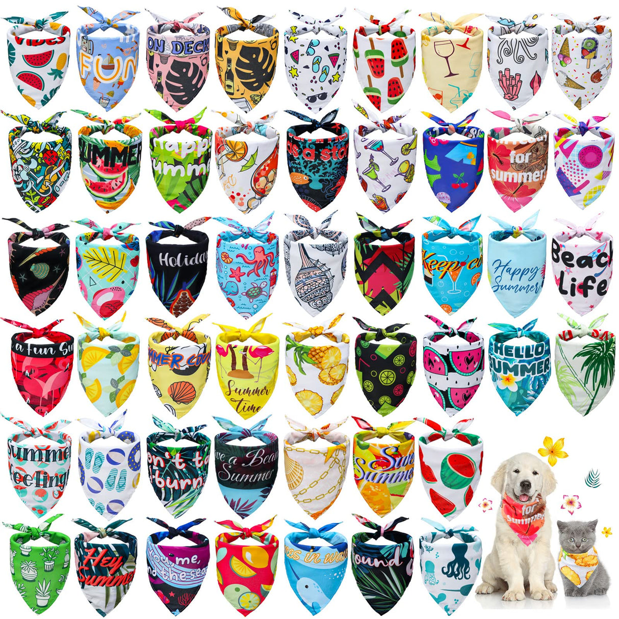 Chunful 50 Pcs Dog Bandanas Bulk Summer Flora Dog Bandanas Pet Triangle Scarf Bib Seasonal Pet Costume Adjustable Cat Outfit Washable Bids Kerchief for Small Medium Puppy