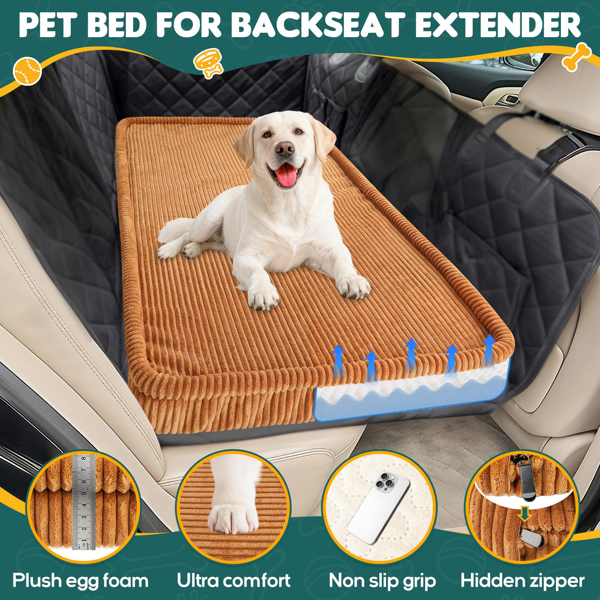 Dog Car Bed, Non-Slip Backseat Extender Pet Mat, Removable Washable Dog Bed for SUVs, Sedans & Trucks, Anti-Slip Travel Bed for Dogs, Easy Clean & Scratch-Proof & Comfort Brown (50"Γ24.6")