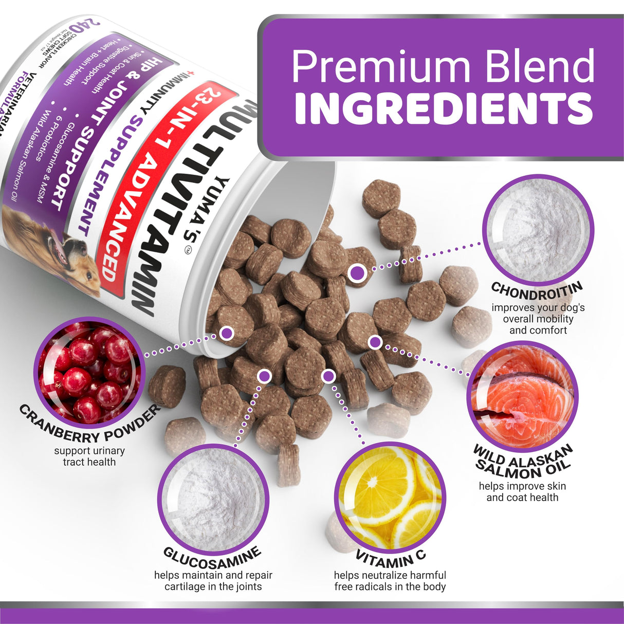 Dog Multivitamin Chewable with Glucosamine - 240 Treats - Dog Vitamins and Supplements - Senior & Puppy Multivitamin for Dogs - Hip & Joint Support - Immune Health, Skin, Heart, Digestion, Probiotics