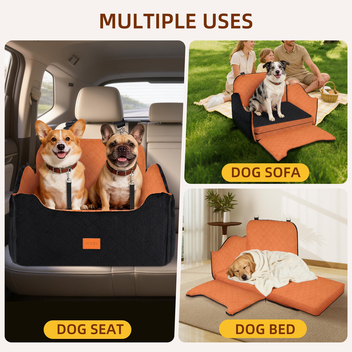 XEEP Dog Car Seat for Medium/Large Dogs Up to 60lbs, Dog Booster Seat with Memory Foam Cushion, Washable Pet Car Seat with Safety Belt & Pee Pad & Blanket, Fits in Back Seat(Black/Brown)