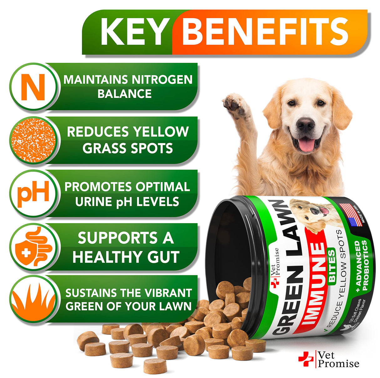 Vet Promise Grass Burn Spot Chews - Dog Urine Neutralizer for Lawn - 120 Grass Green Treats, Rocks - Pee Grass Spot Saver Caused by Dog Urine - Probiotics - Digestive Enzymes - Made in USA
