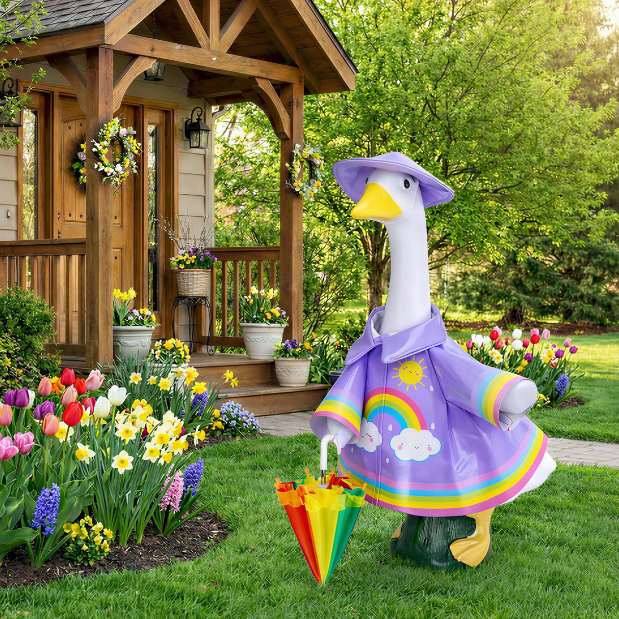 DECOHS 3 Pcs/Set Raincoat Porch Goose Outfits, Summer Lawn Goose Statue Raincoat Costume, Yard Goose Clothes Raincoats Umbrella Hat Outfit for 23" Statue Patio Garden Decoration (Purple Rainbow)