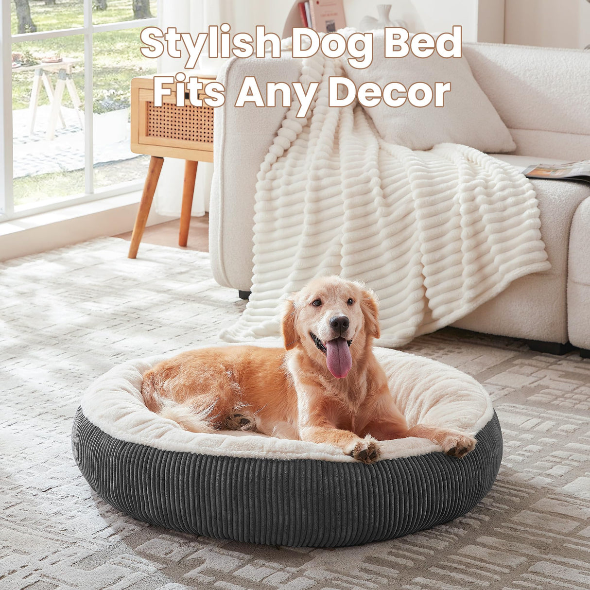 BedStill 36 inches Donut Dog Bed for Large Dogs - Calming Round Pet Bed with Removable&Washable Cover, Plush Faux Fur & Corduroy, Fits Pets up to 80 lbs(Dark Grey, Large)